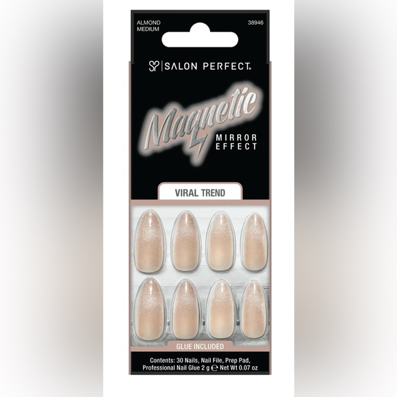 Salon Perfect Press On Nails- Magnetic Silver & Shimmery Nude Almond Shape - Picture 2 of 4